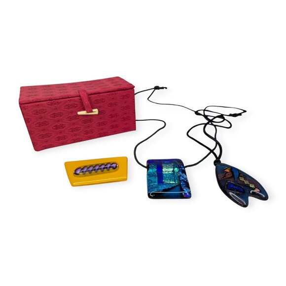 Vibrant Art Glass Pendant Necklaces & Brooch/Pin w/Fabric Box - Picture 1 of 16